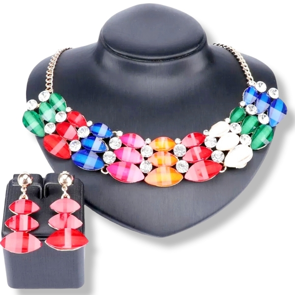 18K gold plated crystal rainbow double stacked necklace earrings set. - Picture 1 of 11